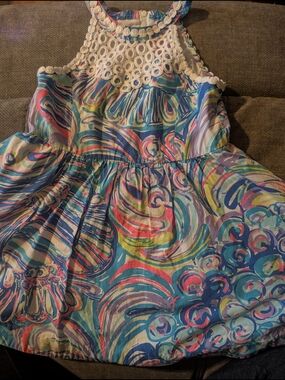 Lilly Pulitzer Girls' Multicolor Swirl Dress with Cream Crochet Yoke